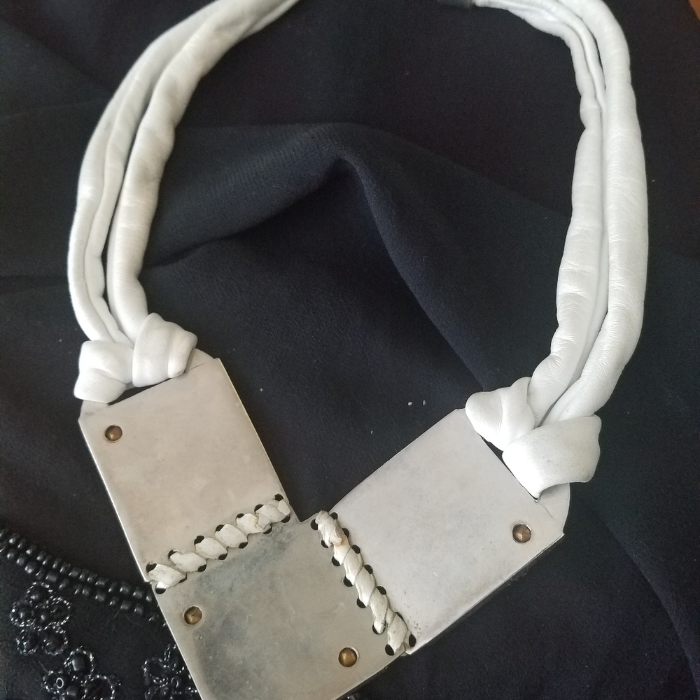 Vintage Python Leather Bib Necklace Crystals - image 4